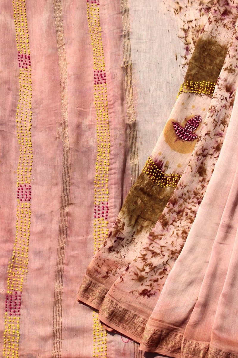 Handwoven Krishna Maheshwari Saree - Imprinted With Marigold & Rose | Verified Sustainable Womens Saree on Brown Living™