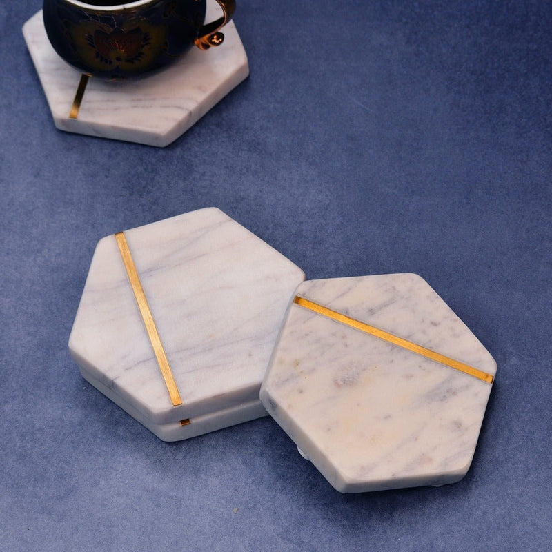 Hexagonal White Marble Inlay Coasters (Set of 4) | Verified Sustainable Coasters on Brown Living™