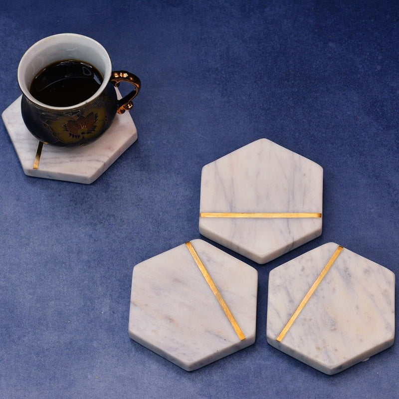 Hexagonal White Marble Inlay Coasters (Set of 4) | Verified Sustainable Coasters on Brown Living™