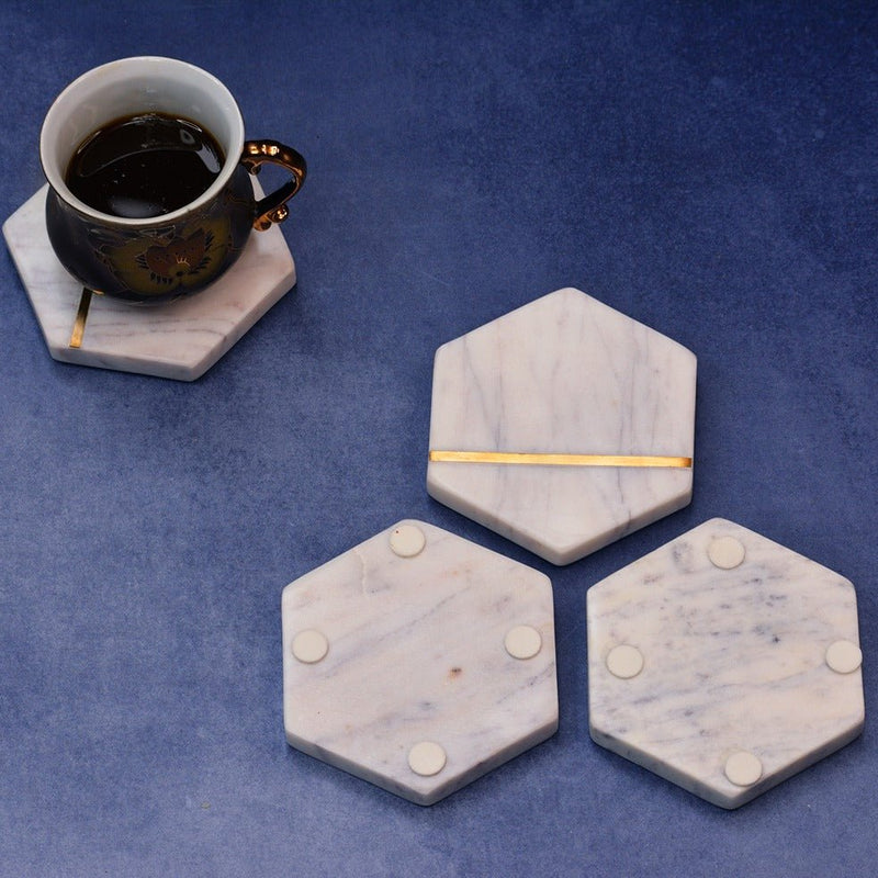 Hexagonal White Marble Inlay Coasters (Set of 4) | Verified Sustainable Coasters on Brown Living™