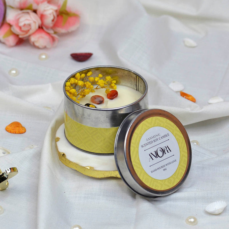 Jasmine Scented Soy Wax Candle in Tin with Flowers and Stones | Verified Sustainable Candles & Fragrances on Brown Living™