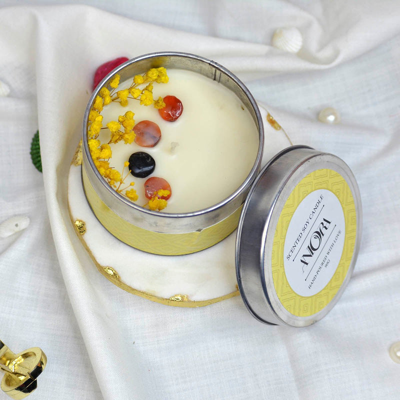 Jasmine Scented Soy Wax Candle in Tin with Flowers and Stones | Verified Sustainable Candles & Fragrances on Brown Living™