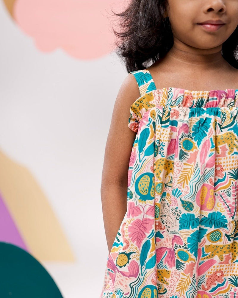 Jungle Bungle Printed Cotton Tie- Up Maxi Dress | Verified Sustainable Kids Frocks & Dresses on Brown Living™