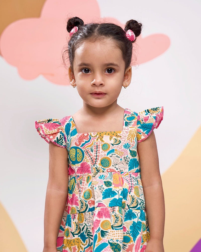 Jungle Bungle Printed Cotton Tiered Dress | Verified Sustainable Kids Frocks & Dresses on Brown Living™