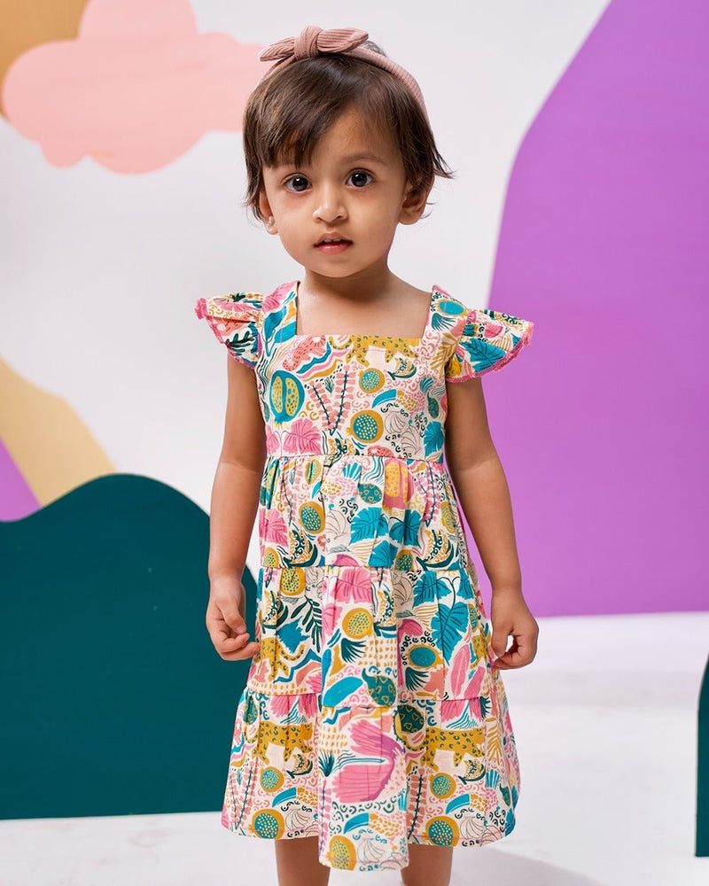 Jungle Bungle Printed Cotton Tiered Dress | Verified Sustainable Kids Frocks & Dresses on Brown Living™