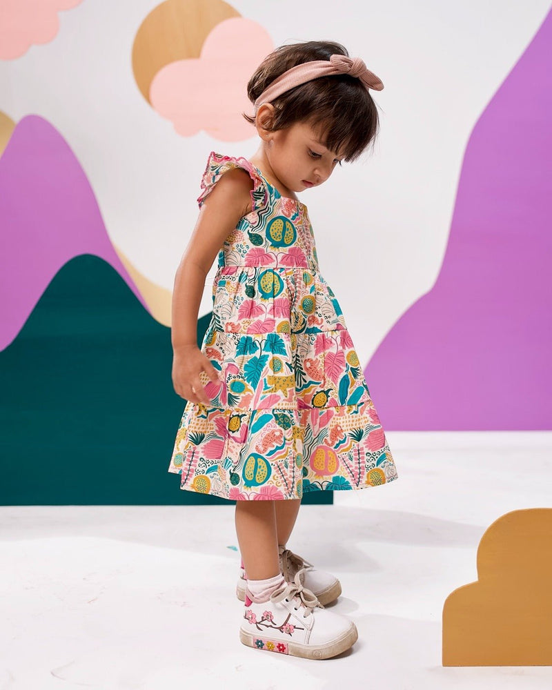 Jungle Bungle Printed Cotton Tiered Dress | Verified Sustainable Kids Frocks & Dresses on Brown Living™