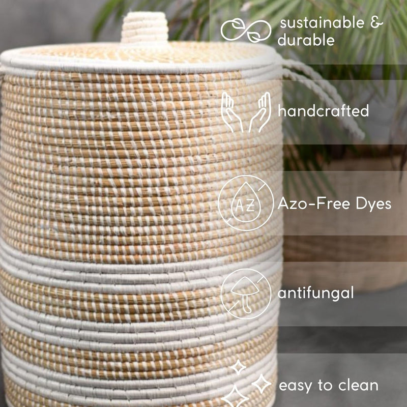 Handmade Moonj Grass Laundry Basket - White-Line