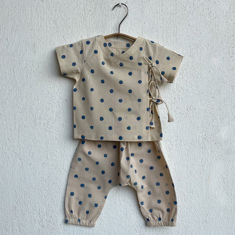 Kids Unisex Organic Cotton Indigo Beige Polka Angrakha and Polka Pants | Verified Sustainable Kids Daywear Sets on Brown Living™