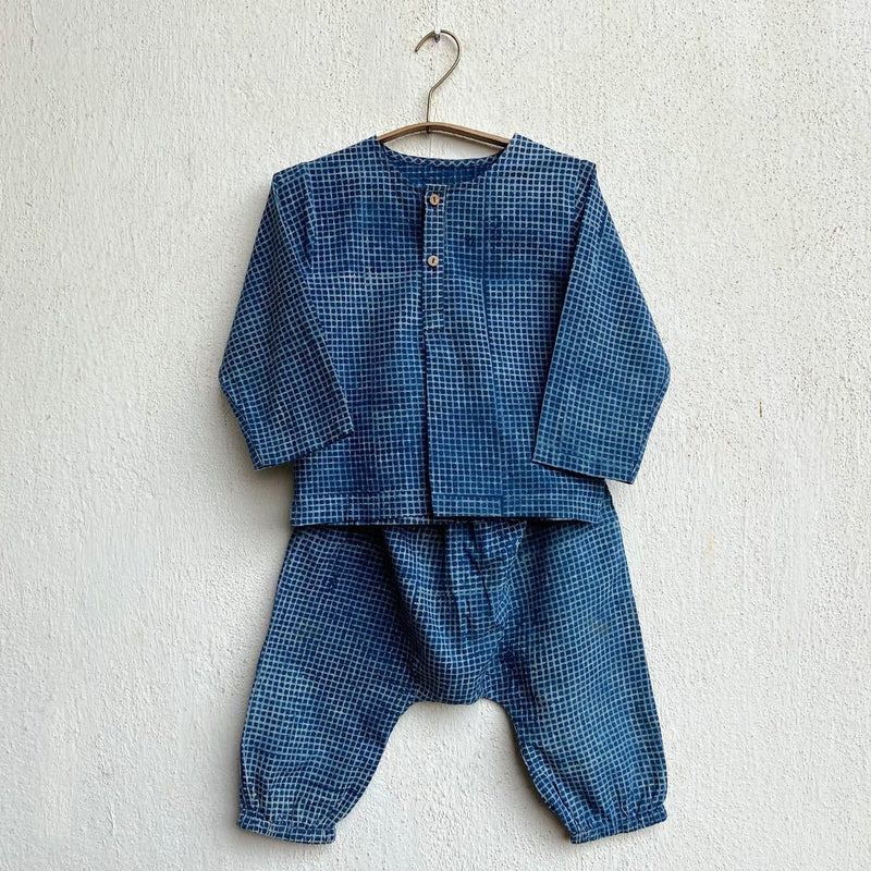 Kids Unisex Organic Cotton- Indigo Raidana with Check Kurta and Pants | Verified Sustainable Kids Daywear Sets on Brown Living™