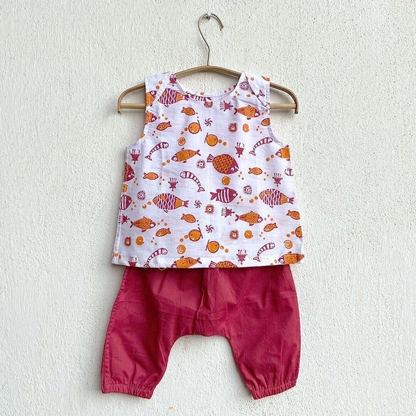 Kids Unisex Organic Cotton Koi Red Jhabla with Red Pants | Verified Sustainable Kids Daywear Sets on Brown Living™