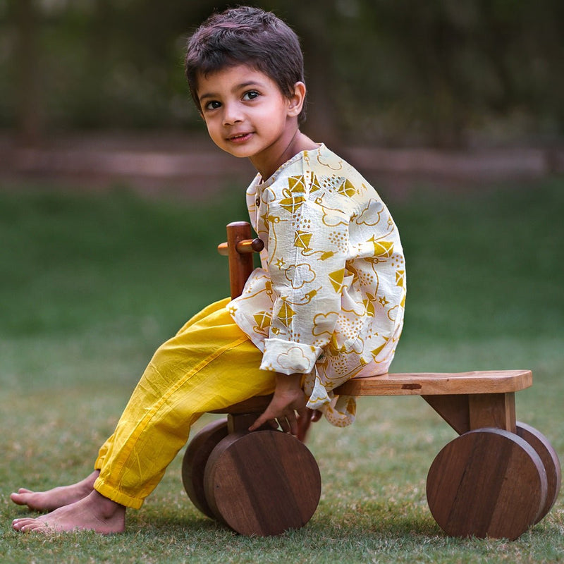 Kids Unisex Organic Cotton Patang Kurta with Yellow Pants | Verified Sustainable Kids Daywear Sets on Brown Living™