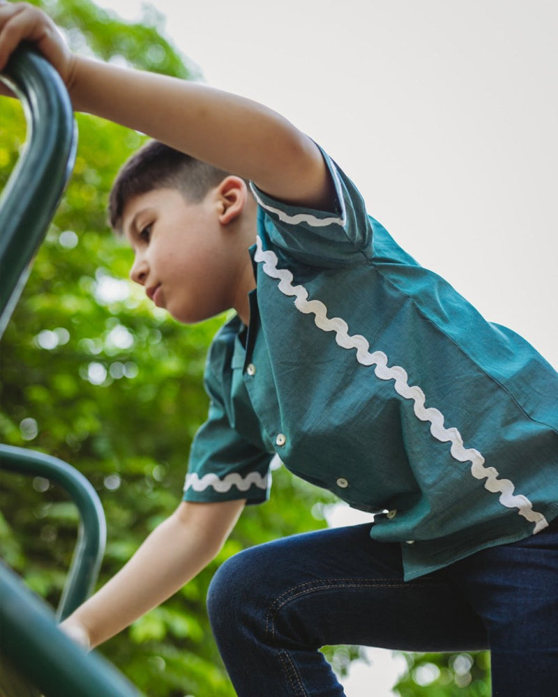 Lagoon Striped Cotton Shirt with Cuban Collar | Verified Sustainable Kids Shirts on Brown Living™