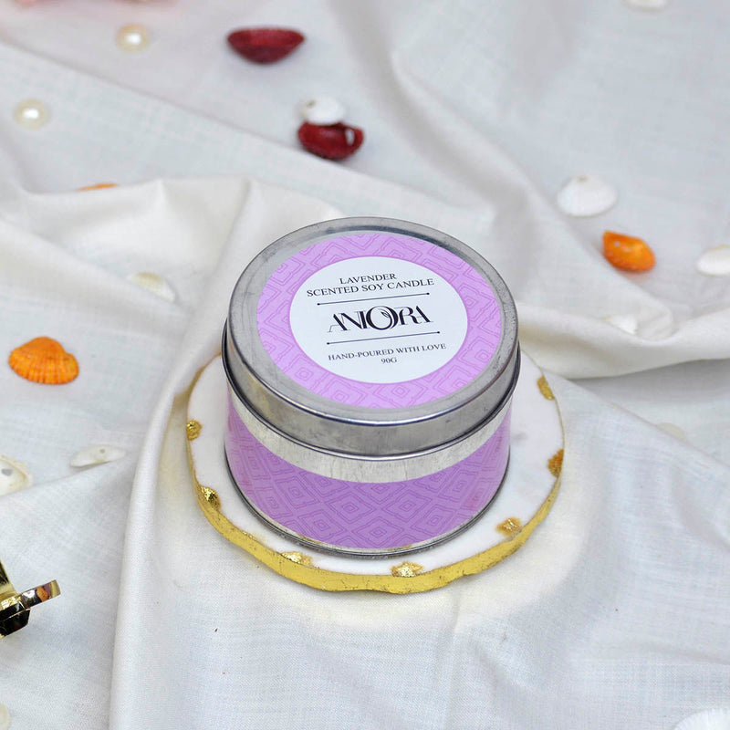 Lavender Scented Soy Wax Candle in Tin with Flowers and Stones | Verified Sustainable Candles & Fragrances on Brown Living™