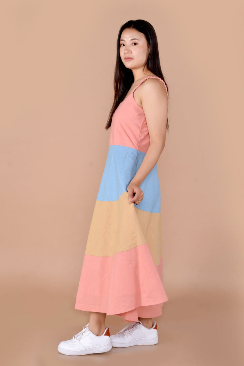 Lila Sleevless Colorblock Handloom Cotton Dress | Verified Sustainable Womens Dress on Brown Living™