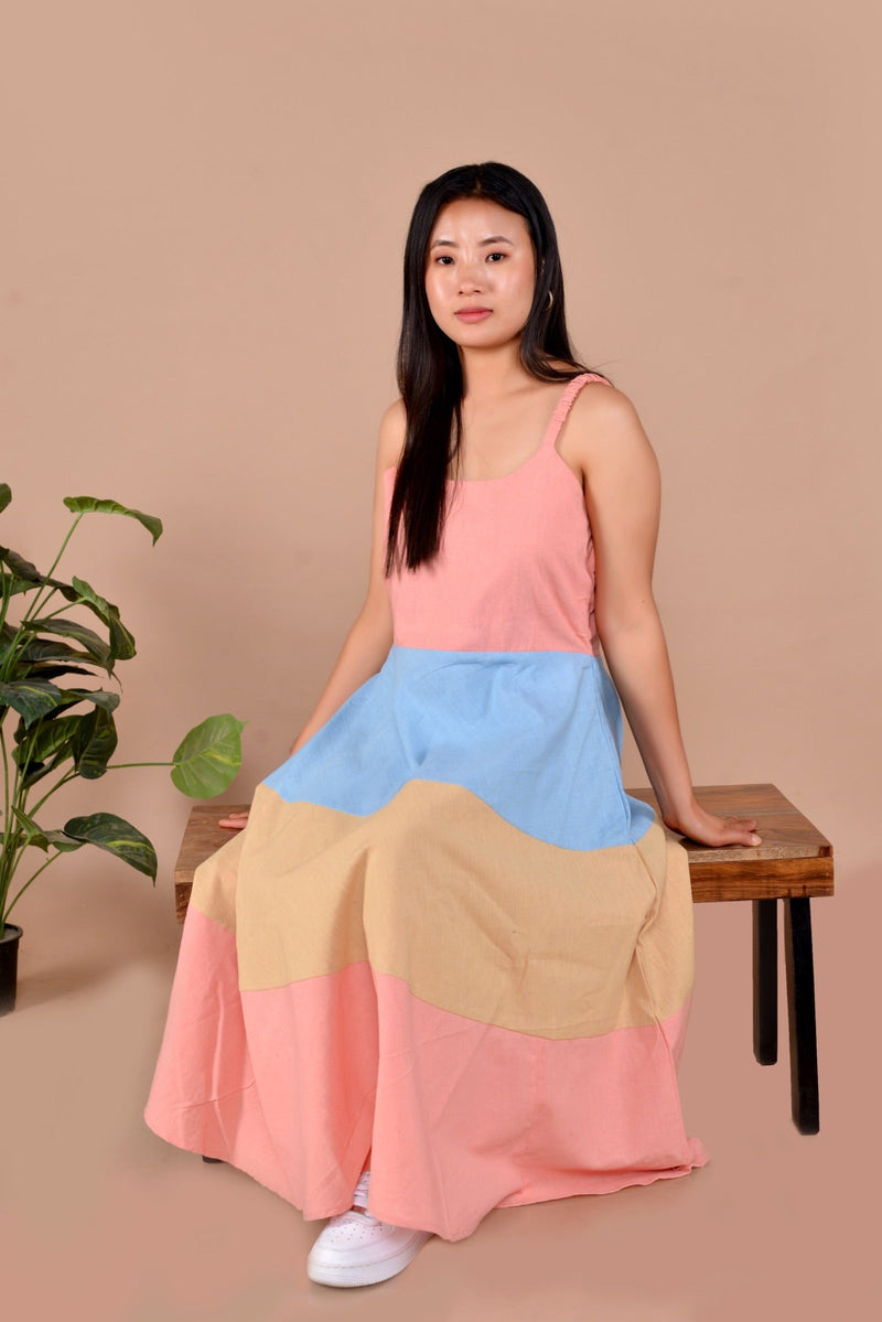 Lila Sleevless Colorblock Handloom Cotton Dress | Verified Sustainable Womens Dress on Brown Living™