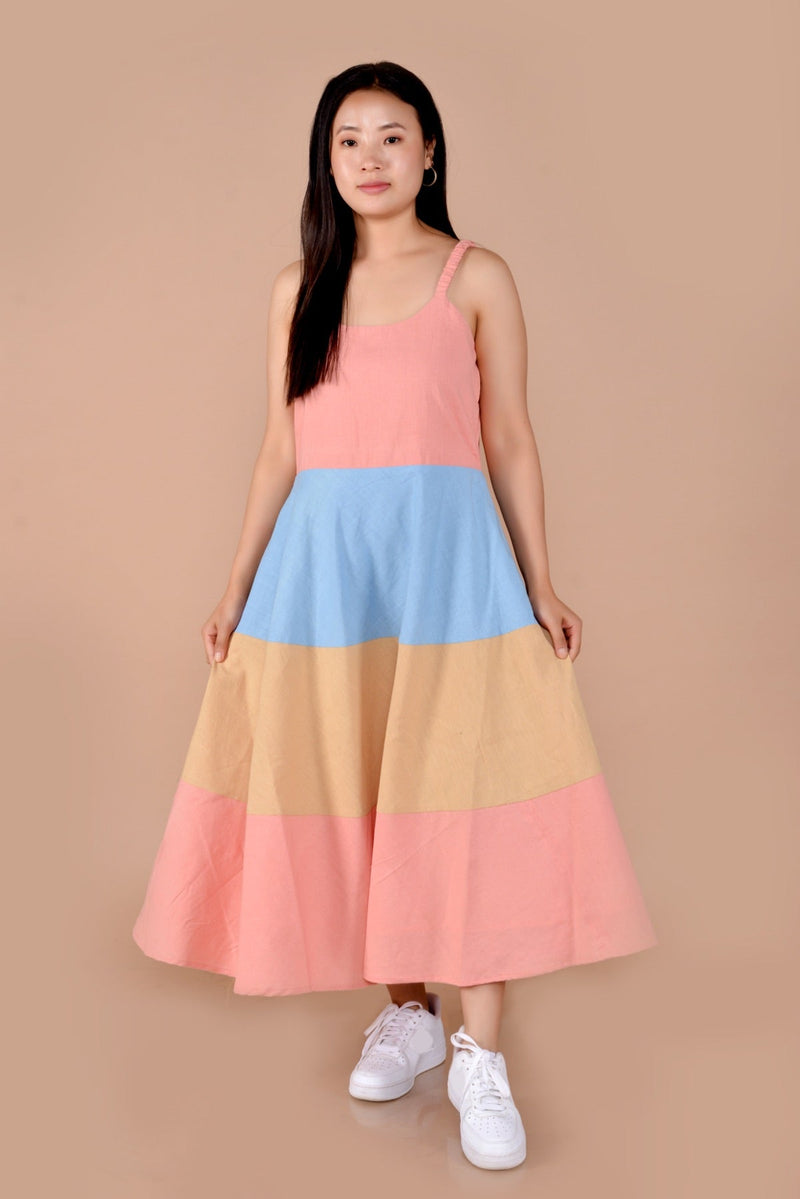 Lila Sleevless Colorblock Handloom Cotton Dress | Verified Sustainable Womens Dress on Brown Living™