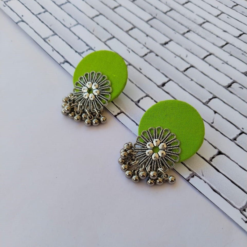 Lime Green Flower Silver Ghungroo Studs Earrings | Verified Sustainable Womens earrings on Brown Living™