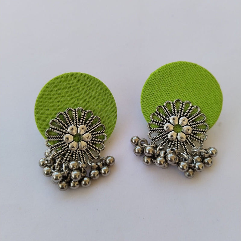 Lime Green Flower Silver Ghungroo Studs Earrings | Verified Sustainable Womens earrings on Brown Living™