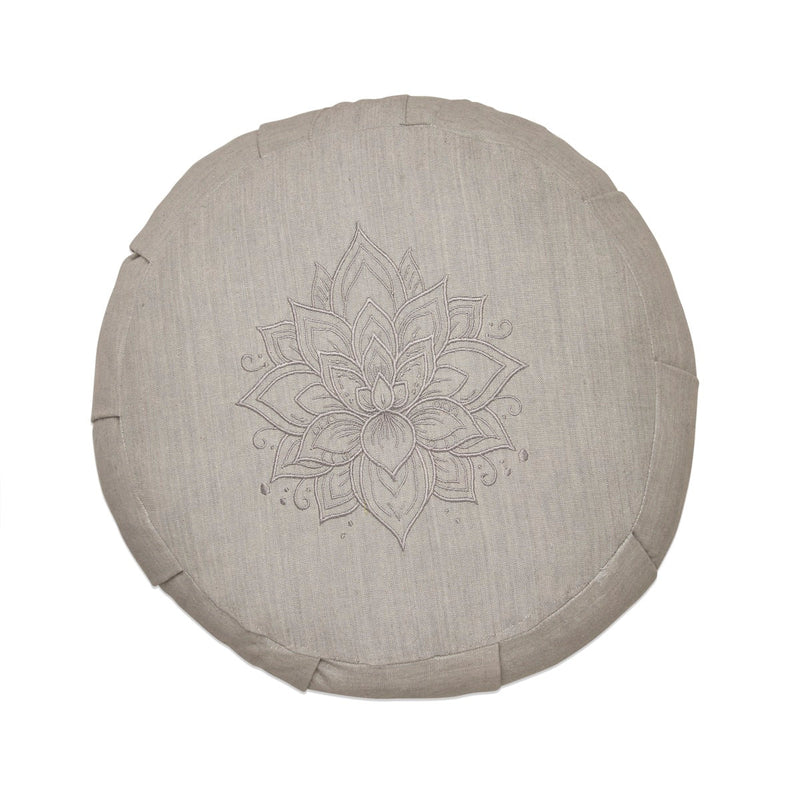 Lotus Embroidered Round Zafu Meditation and Yoga Cushion - Filled with Cotton - Light Grey | Verified Sustainable Yoga Pillow on Brown Living™