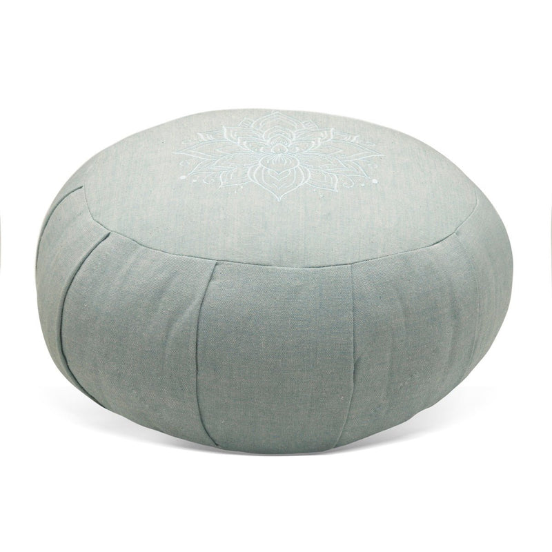 Lotus Embroidered Round Zafu Meditation and Yoga Cushion - Filled with Cotton - Misty Blue | Verified Sustainable Yoga Pillow on Brown Living™