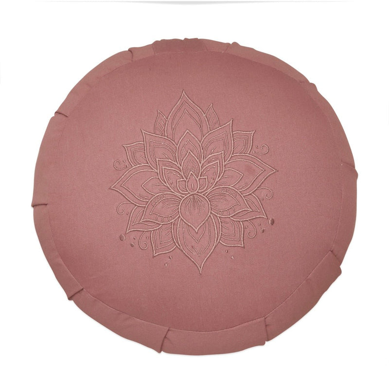 Lotus Embroidered Round Zafu Meditation and Yoga Cushion - Filled with Cotton - Rose | Verified Sustainable Yoga Pillow on Brown Living™