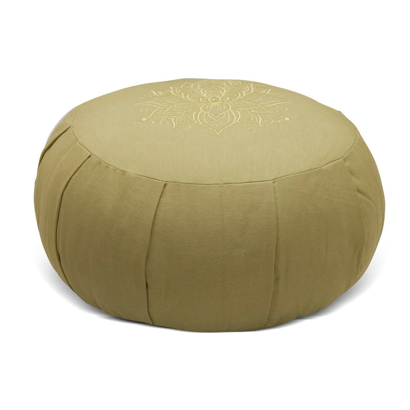 Lotus Embroidered Round Zafu Meditation and Yoga Cushion - Filled with Cotton - Sage | Verified Sustainable Yoga Pillow on Brown Living™