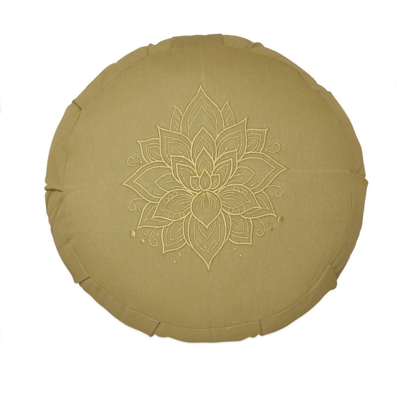 Lotus Embroidered Round Zafu Meditation and Yoga Cushion - Filled with Cotton - Sage | Verified Sustainable Yoga Pillow on Brown Living™