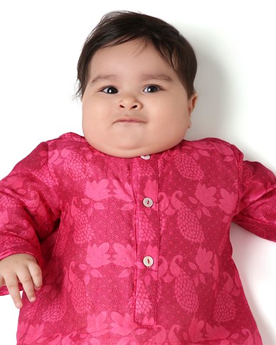 Maanik - Chanderi Peacock Printed Infant Kurta with Attached Pyjama (Onesie) | Verified Sustainable Kids Ethnic Sets on Brown Living™