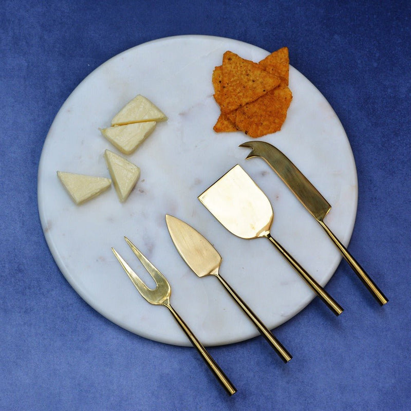 Marble & Brass Cheese Board with Knives (White) | Verified Sustainable Kitchen Tools on Brown Living™