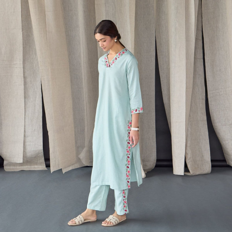 Mineral Blue Floral Embroidered Linen Kurta Set | Verified Sustainable Womens Kurta on Brown Living™