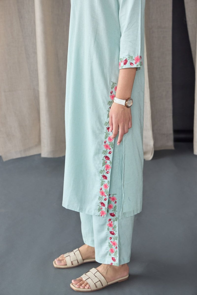 Mineral Blue Floral Embroidered Linen Kurta Set | Verified Sustainable Womens Kurta on Brown Living™