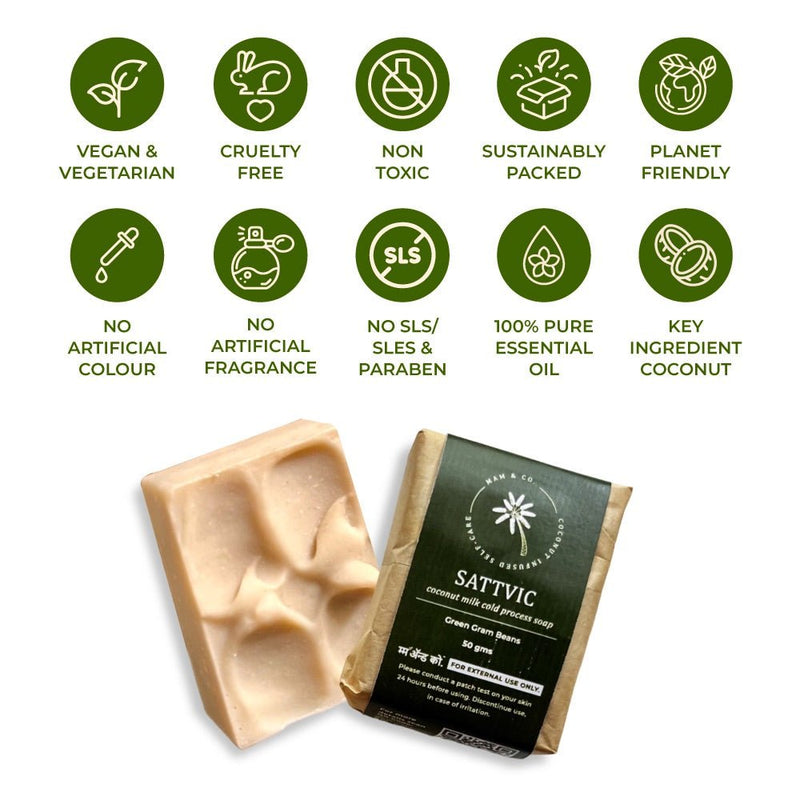 Mini Sattvic Coconut Milk and Green Gram Beans Cold Process Exfoliating Soap (50 g) | Verified Sustainable Body Soap on Brown Living™