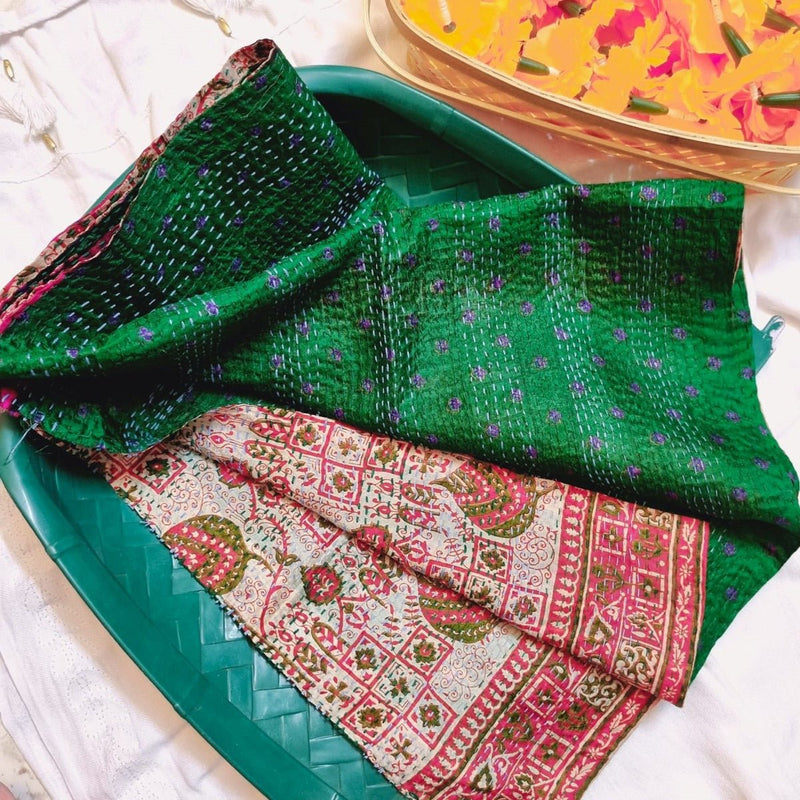 Mithu Kantha Stole - Green and Maroon | Verified Sustainable Womens Dupatta on Brown Living™