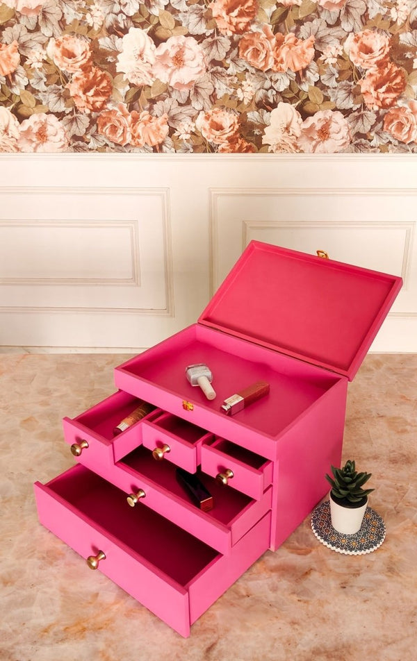 Multipurpose Wooden Makeup & Jewellery Organizer with 5 Drawers - Pink | Verified Sustainable Organizers on Brown Living™