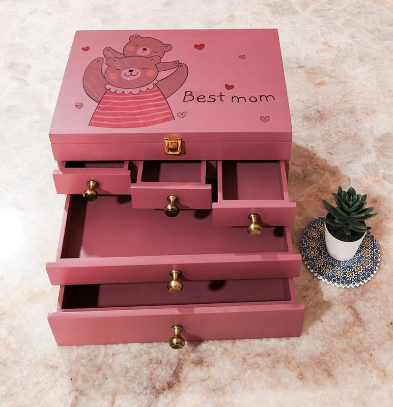 Multipurpose Wooden Makeup & Jewellery Organizer with 5 Drawers - Plum | Verified Sustainable Organizers on Brown Living™