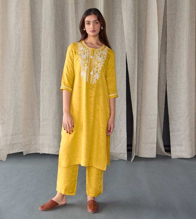 Mustard Jacquard Kurta Set | Verified Sustainable Womens Kurta on Brown Living™