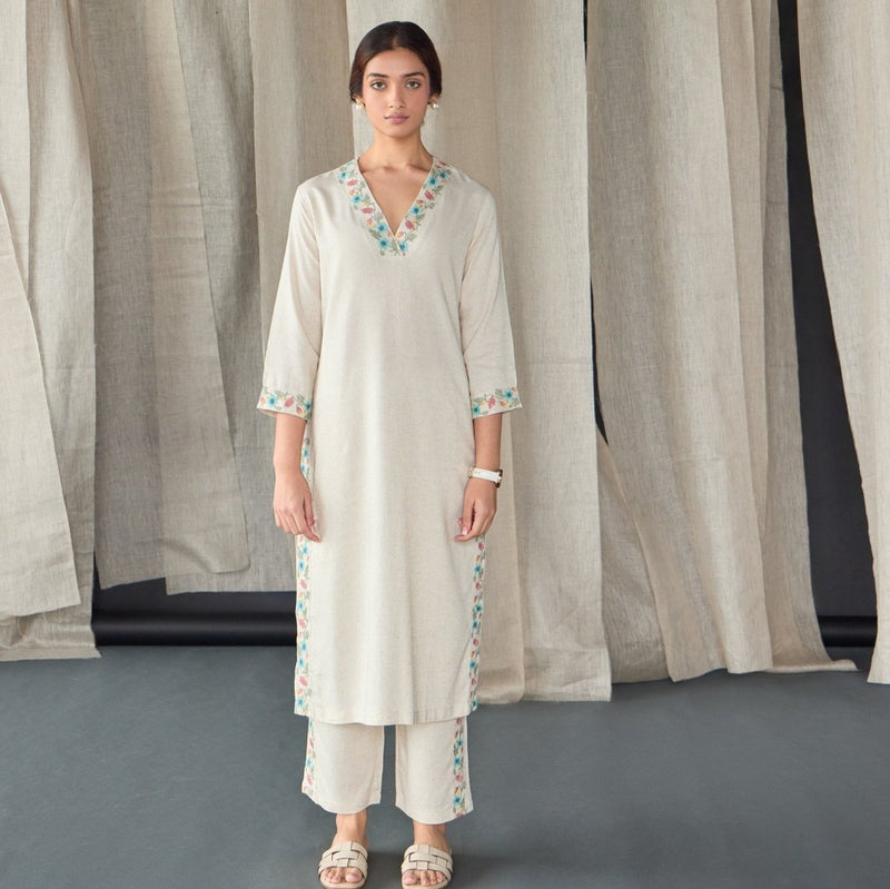 Natural Linen Embroidered Kurta Set | Verified Sustainable Womens Kurta on Brown Living™