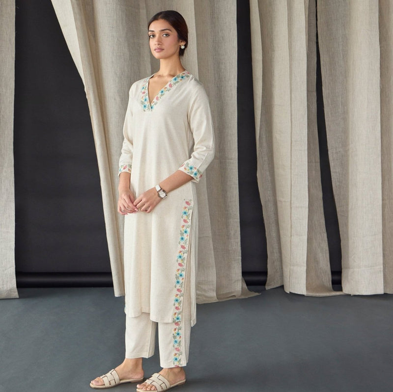 Natural Linen Embroidered Kurta Set | Verified Sustainable Womens Kurta on Brown Living™