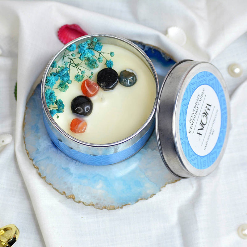 Ocean Breeze Scented Soy Wax Candle in Tin with Flowers and Stones | Verified Sustainable Candles & Fragrances on Brown Living™