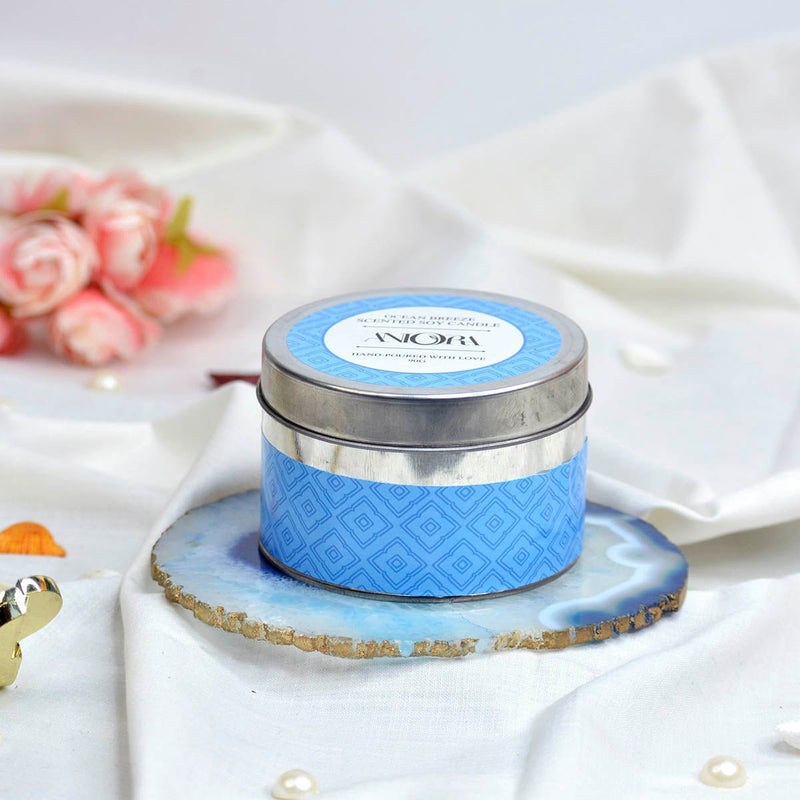 Ocean Breeze Scented Soy Wax Candle in Tin with Flowers and Stones | Verified Sustainable Candles & Fragrances on Brown Living™