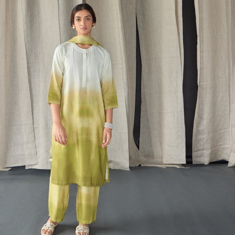 Olive Ombre Linen Kurta Set | Verified Sustainable Womens Kurta on Brown Living™