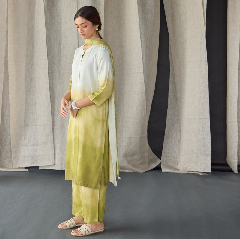 Olive Ombre Linen Kurta Set | Verified Sustainable Womens Kurta on Brown Living™