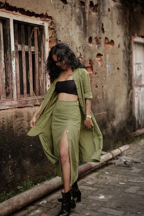 Olive Recycled Cotton Long Slit Skirt | Verified Sustainable Womens Skirt on Brown Living™