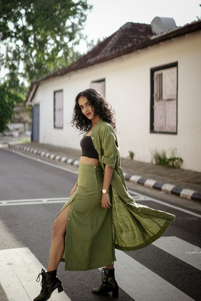 Olive Recycled Cotton Long Slit Skirt | Verified Sustainable Womens Skirt on Brown Living™