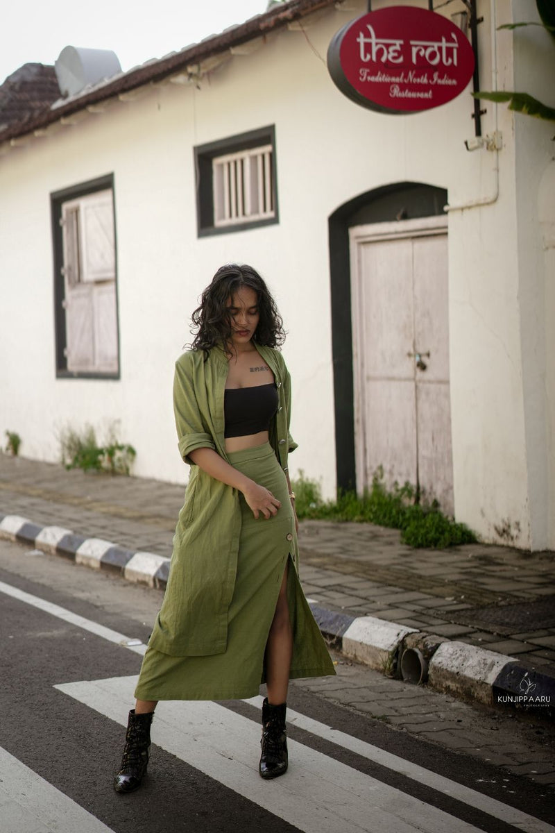 Olive Recycled Cotton Long Slit Skirt | Verified Sustainable Womens Skirt on Brown Living™