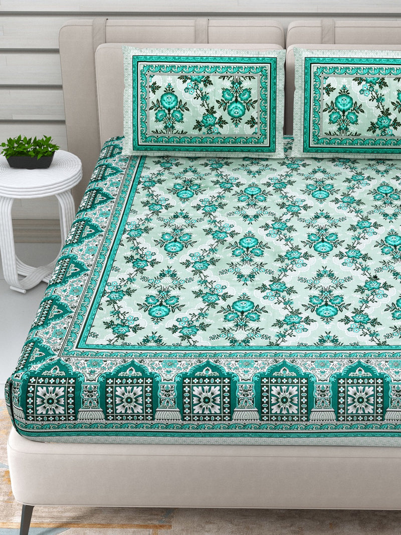 Jaipuri Hand Printed Queen Size Cotton Bedding Set- Green