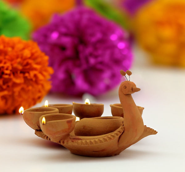 Peacock- Handmade Traditional Terracotta 6 Panti Diya | Verified Sustainable Pooja Needs on Brown Living™