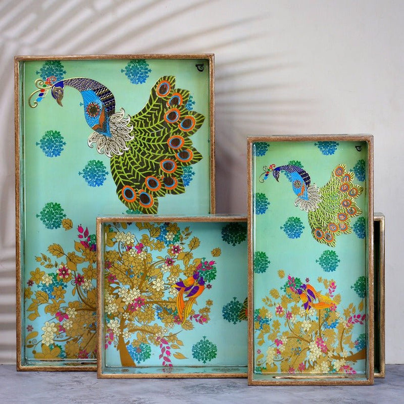 Peacock Themed Rectangular Tray (Set of 3) | Verified Sustainable Trays & Platters on Brown Living™