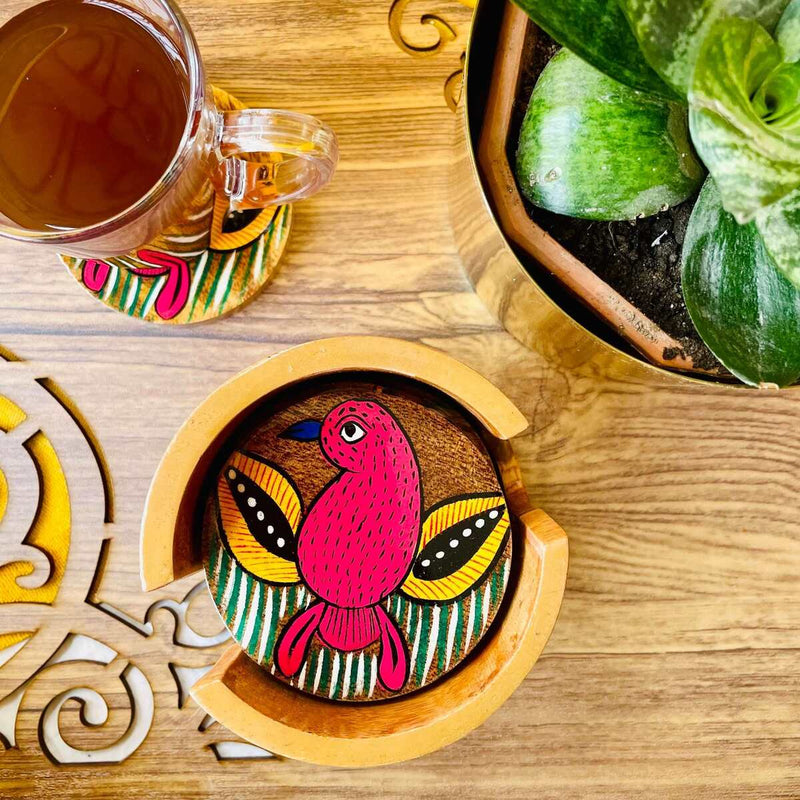 Pihu Round Handcrafted Mango Wood Coaster with Holder (Set of 6) | Verified Sustainable Coasters on Brown Living™