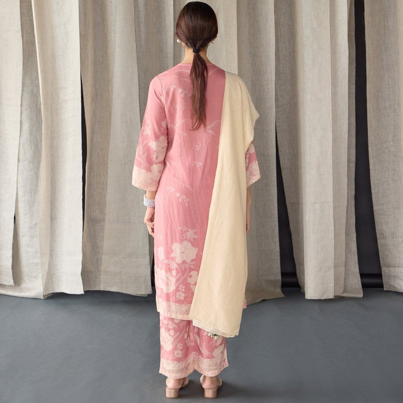 Pink Floral Tencel Kurta (Set of 3) | Verified Sustainable Womens Kurta on Brown Living™